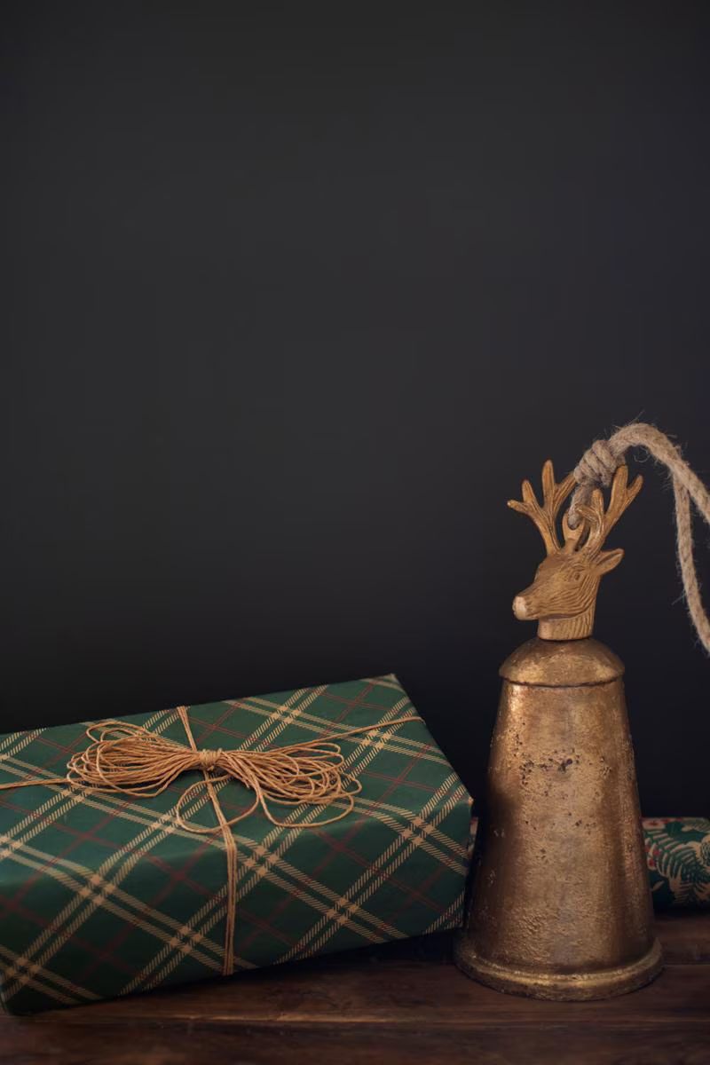 Set of 3 Antique Gold Metal Christmas Bells with Deer Finials — image 3