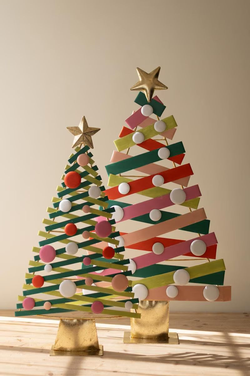 Set of 2 Colorful Painted Metal Christmas Trees with Gold Bases — image 3
