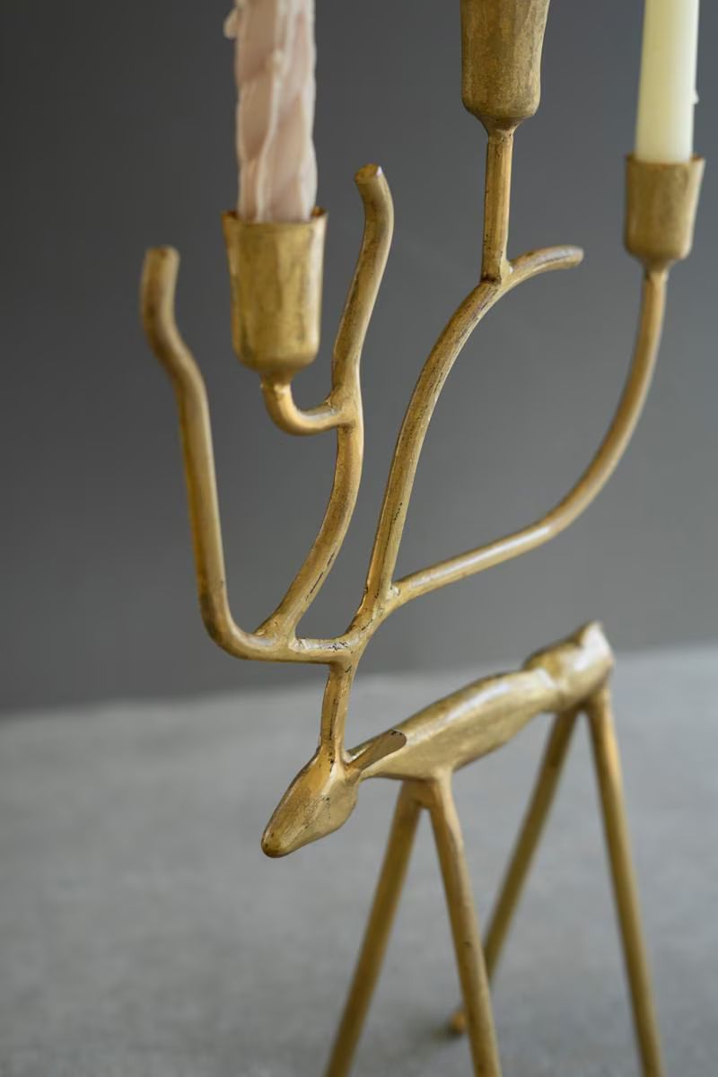 Set of 2 Antique Gold Forged Iron Christmas Deer Candelabras — image 3