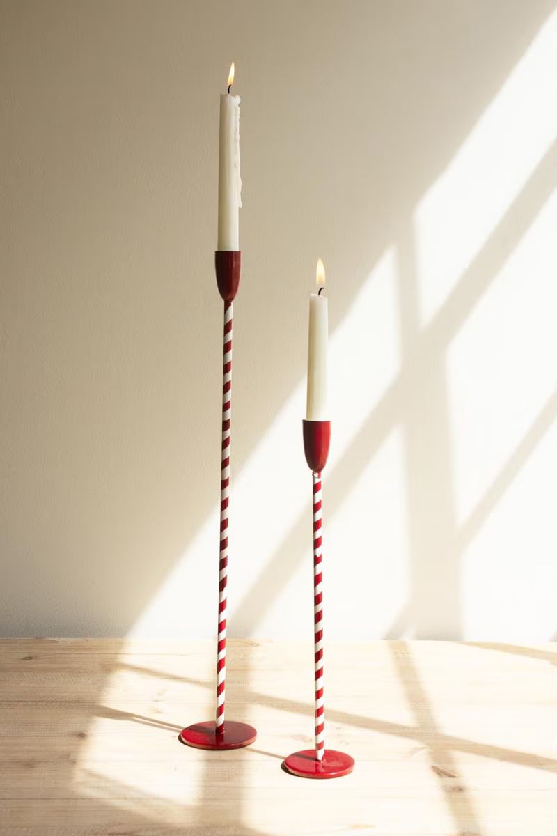 Set of 2 Red and White Candy Cane Taper Candle Holders — image 3