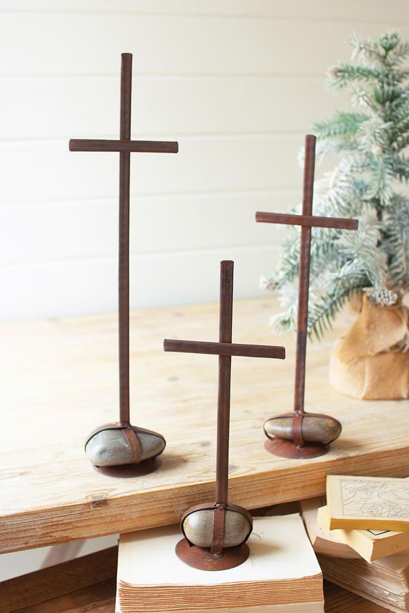 Set of 3 Scrap Metal Crosses with Caged Rock Bases — image 3