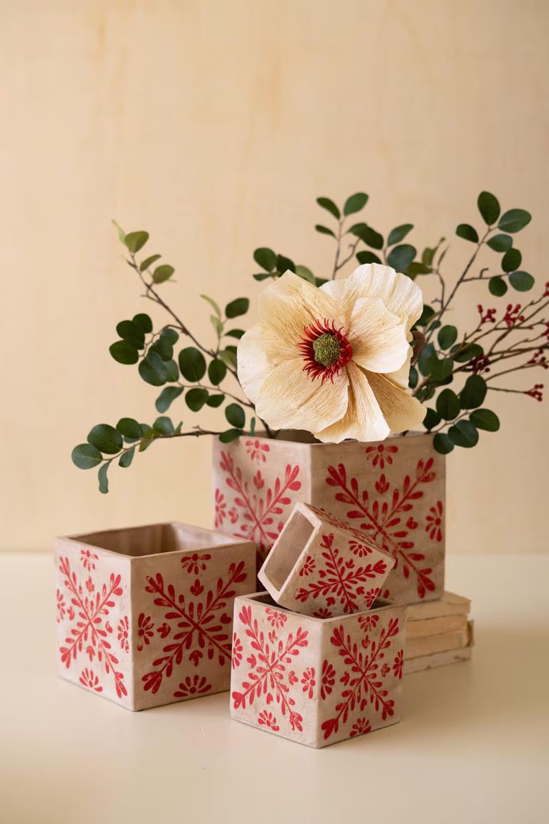 Set of 4 Square Cement Christmas Planters with Red Detail — image 3