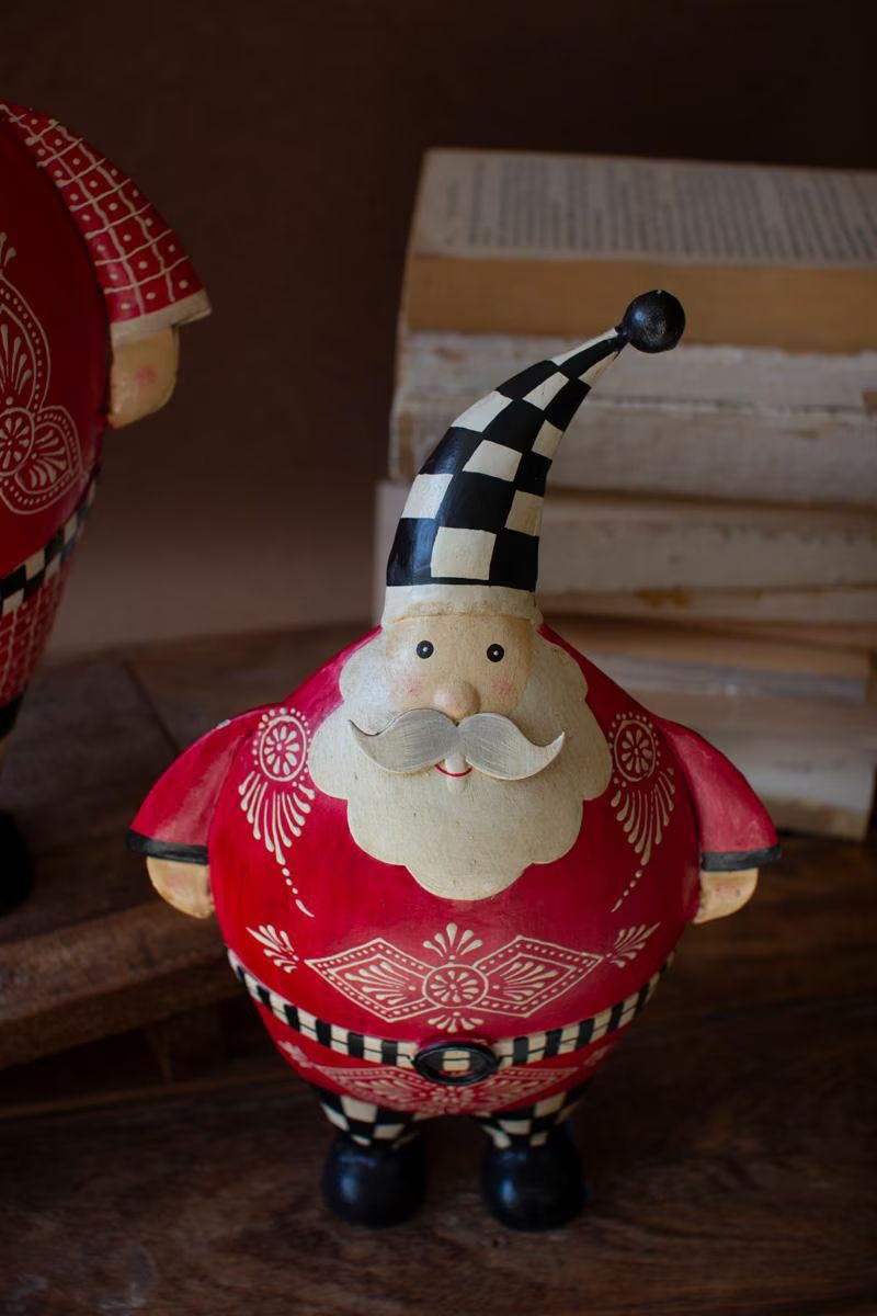 Set of 2 Painted Metal Santas with Checkered Detail — image 3