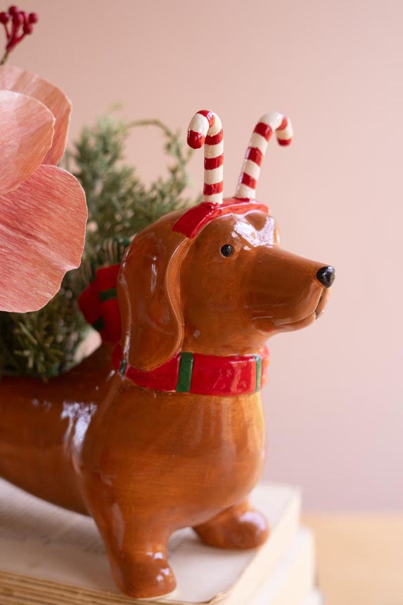 Ceramic Christmas Dachshund Planter with a Candy Cane Headband — image 3