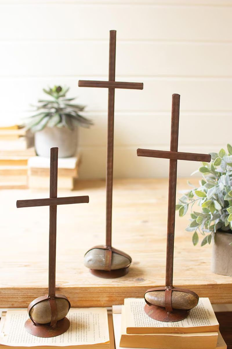 Set of 3 Scrap Metal Crosses with Caged Rock Bases — image 4