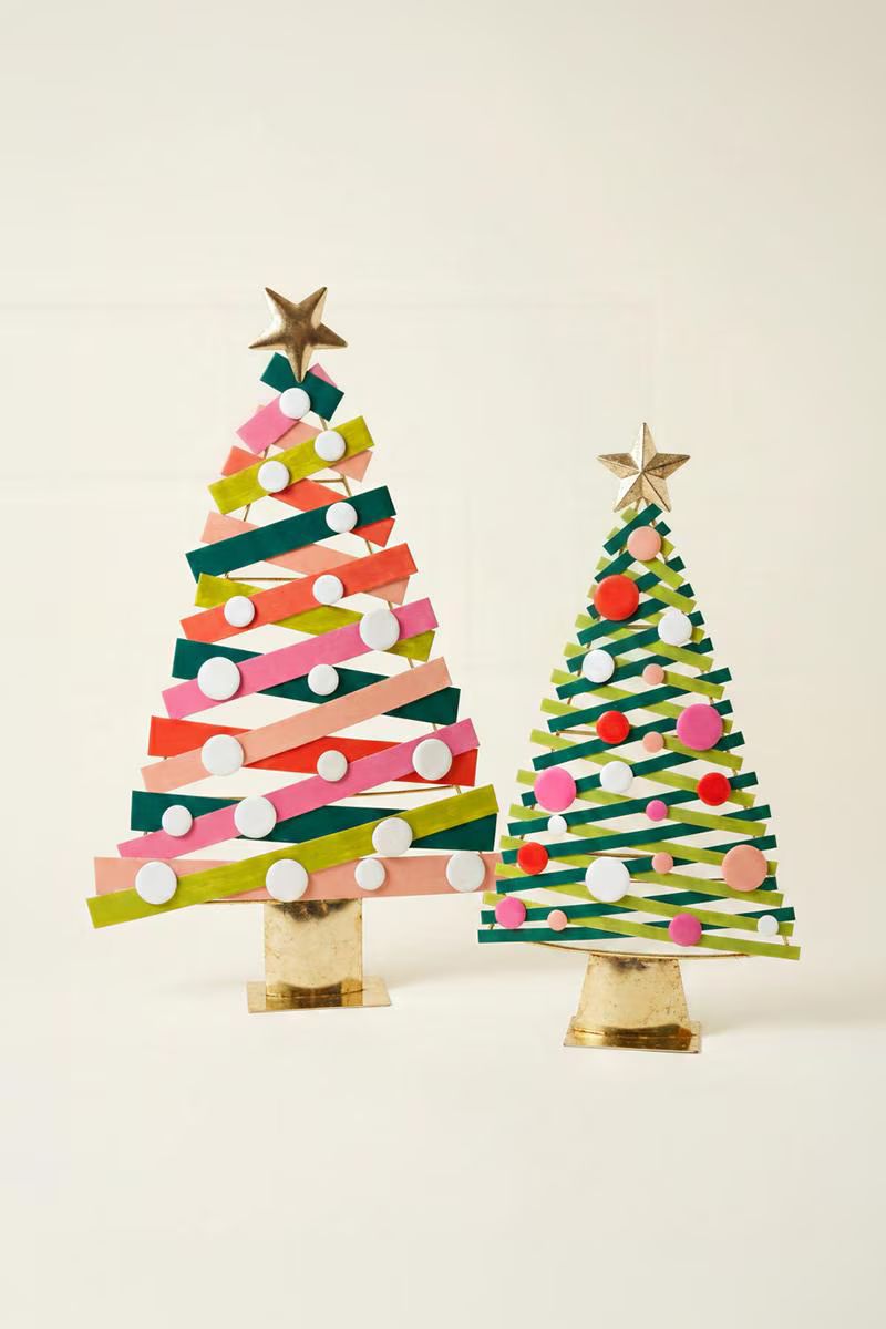 Set of 2 Colorful Painted Metal Christmas Trees with Gold Bases — image 4