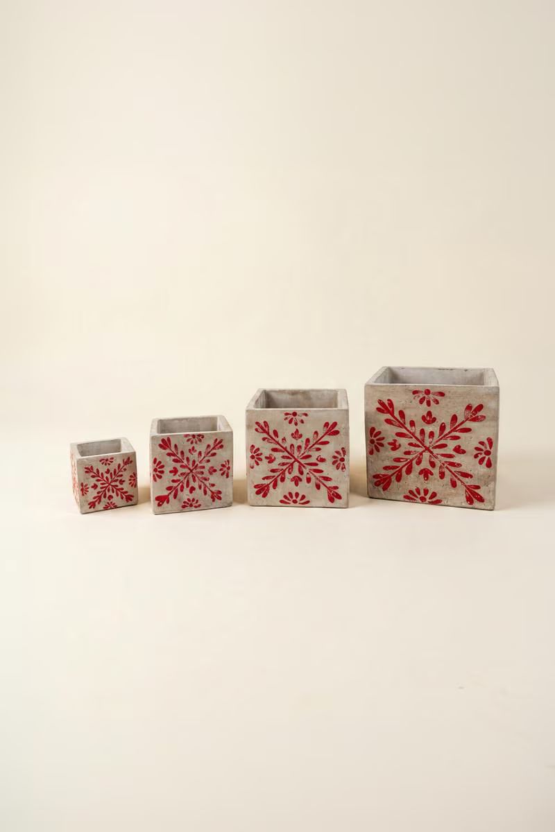 Set of 4 Square Cement Christmas Planters with Red Detail — image 4