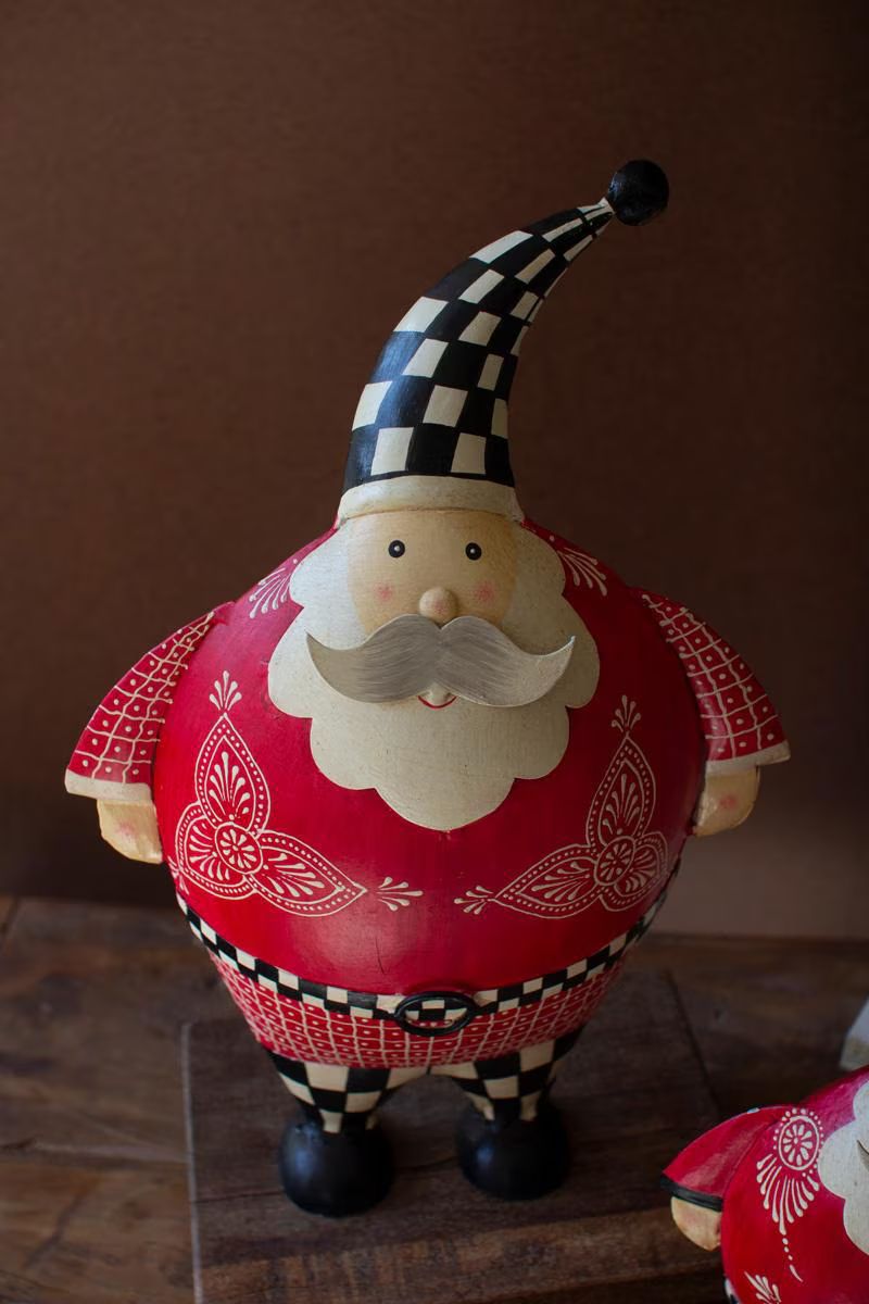 Set of 2 Painted Metal Santas with Checkered Detail — image 4