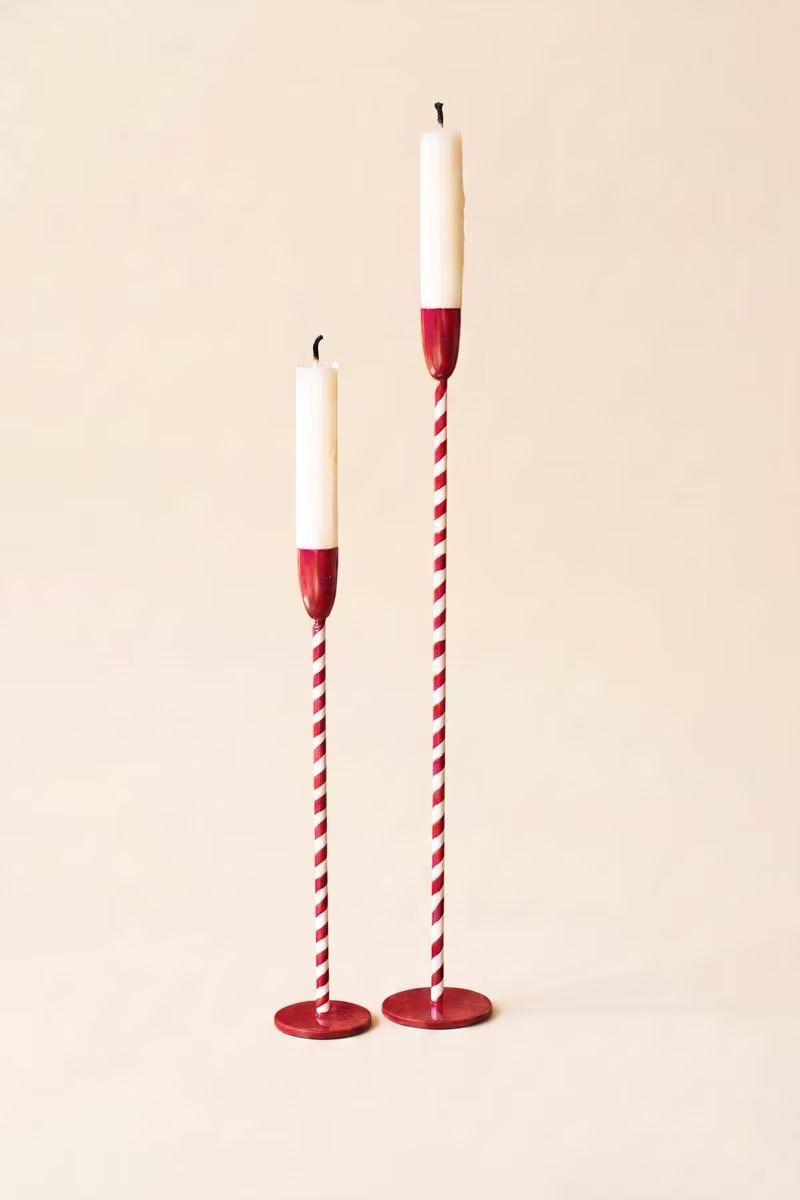 Set of 2 Red and White Candy Cane Taper Candle Holders — image 4