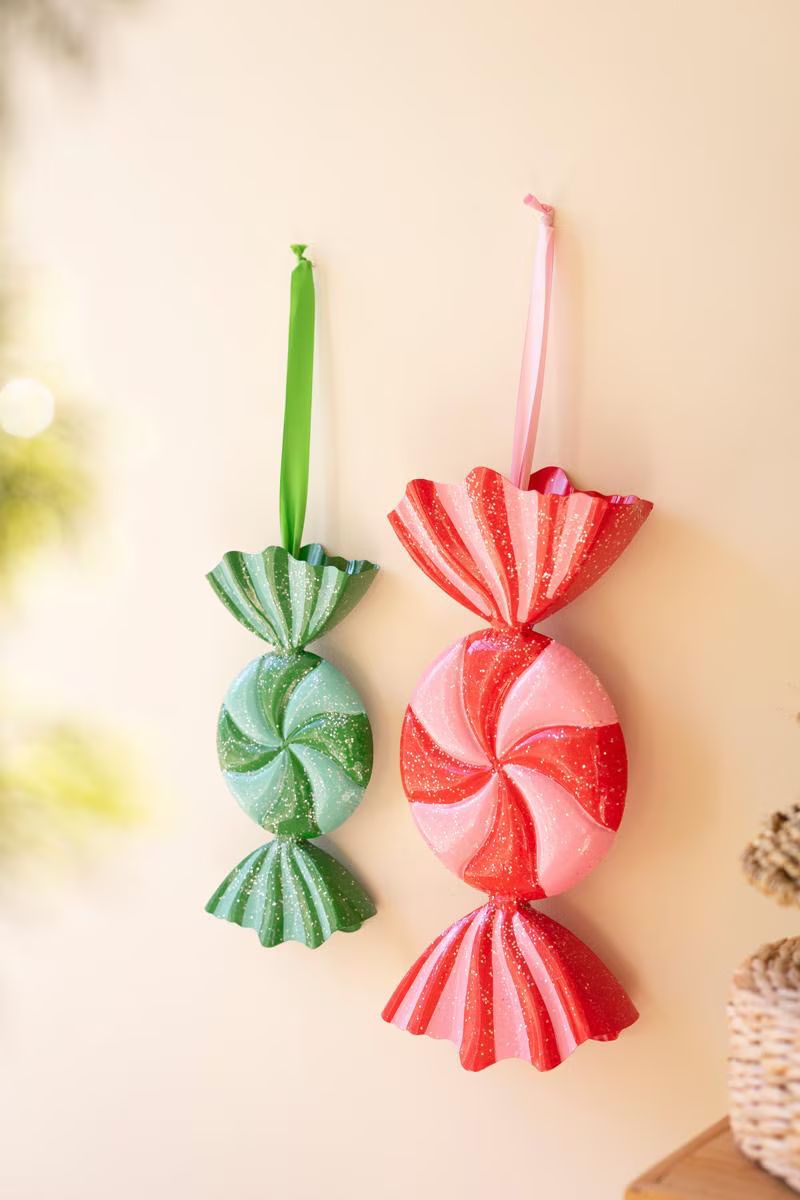 Set of 2 Large Painted Metal Colorful Christmas Candy Ornaments — image 4
