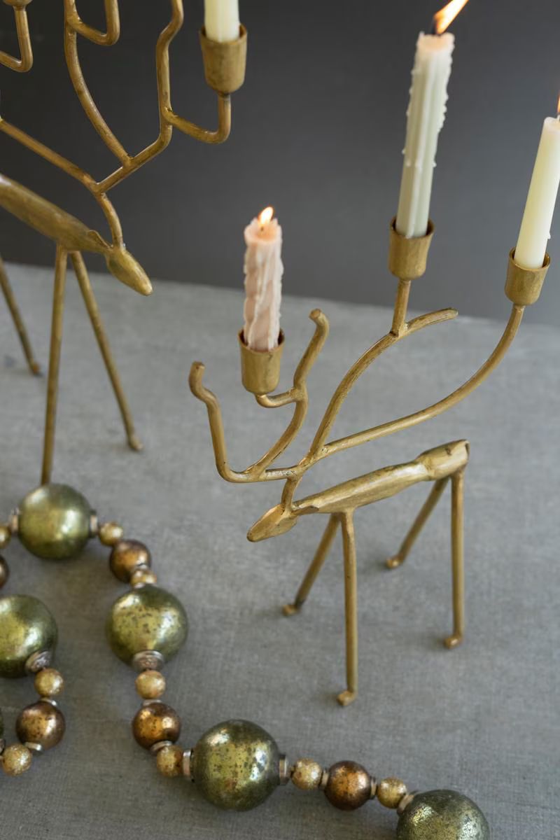 Set of 2 Antique Gold Forged Iron Christmas Deer Candelabras — image 5