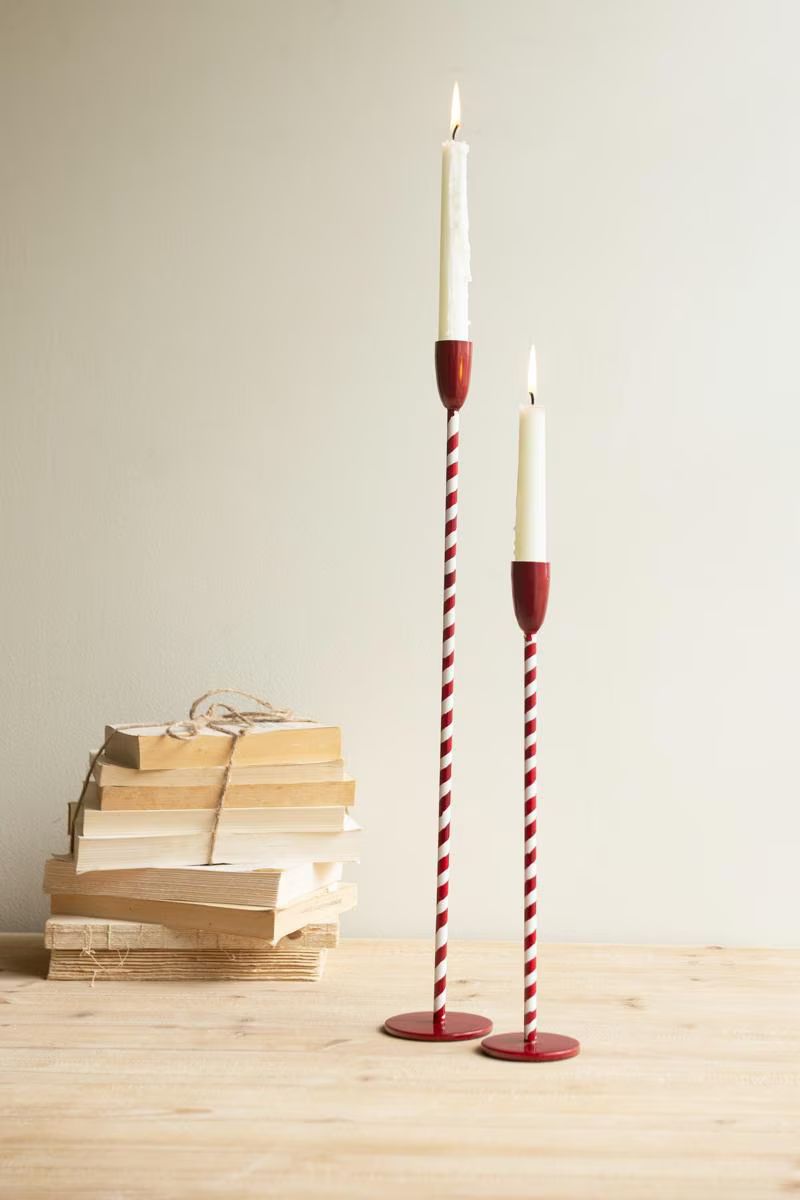 Set of 2 Red and White Candy Cane Taper Candle Holders — image 5