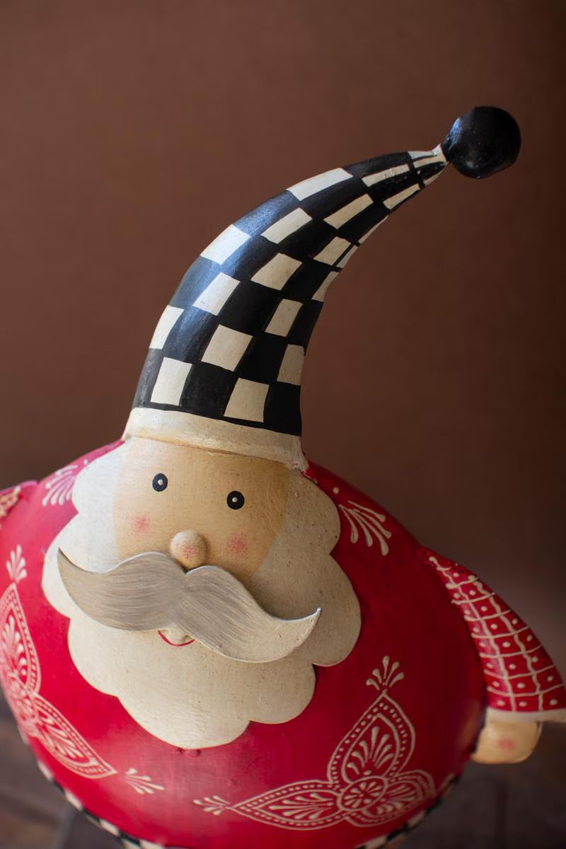 Set of 2 Painted Metal Santas with Checkered Detail — image 5