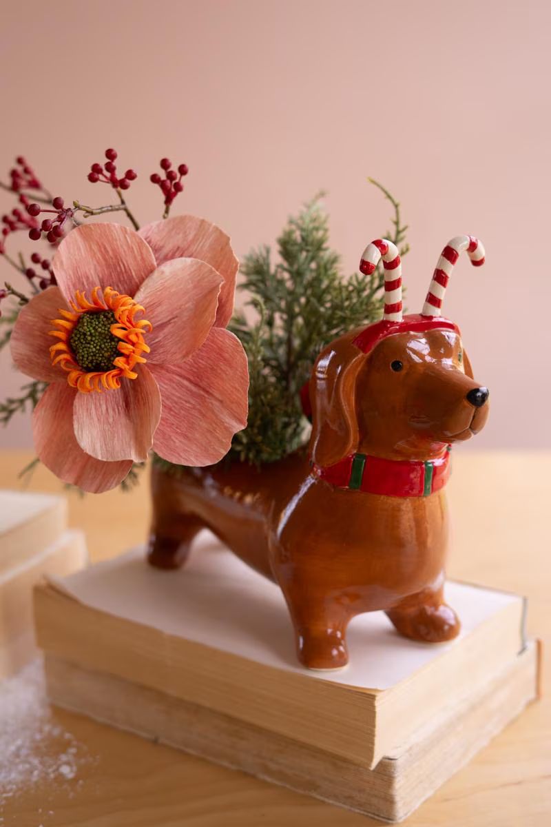Ceramic Christmas Dachshund Planter with a Candy Cane Headband — image 5