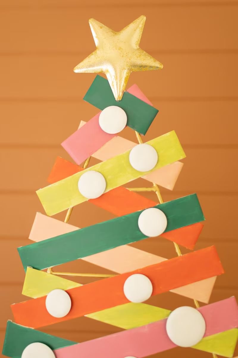 Set of 2 Colorful Painted Metal Christmas Trees with Gold Bases — image 7