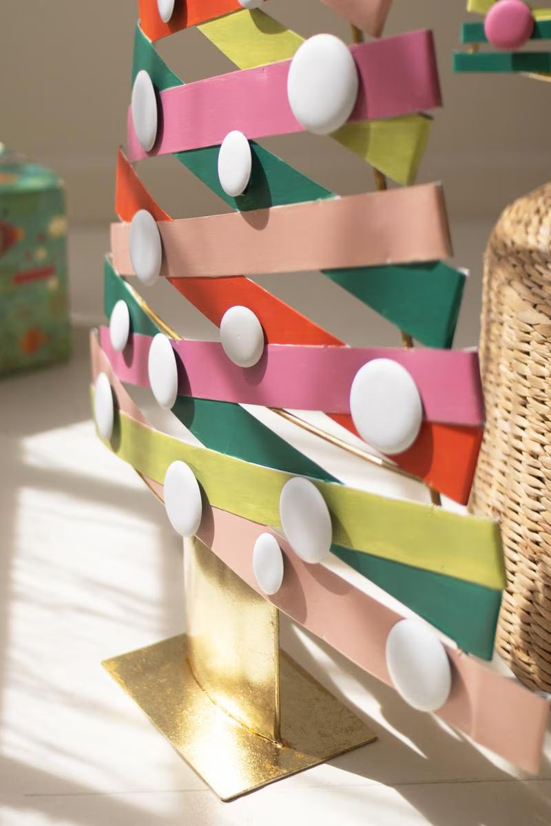 Set of 2 Colorful Painted Metal Christmas Trees with Gold Bases — image 8