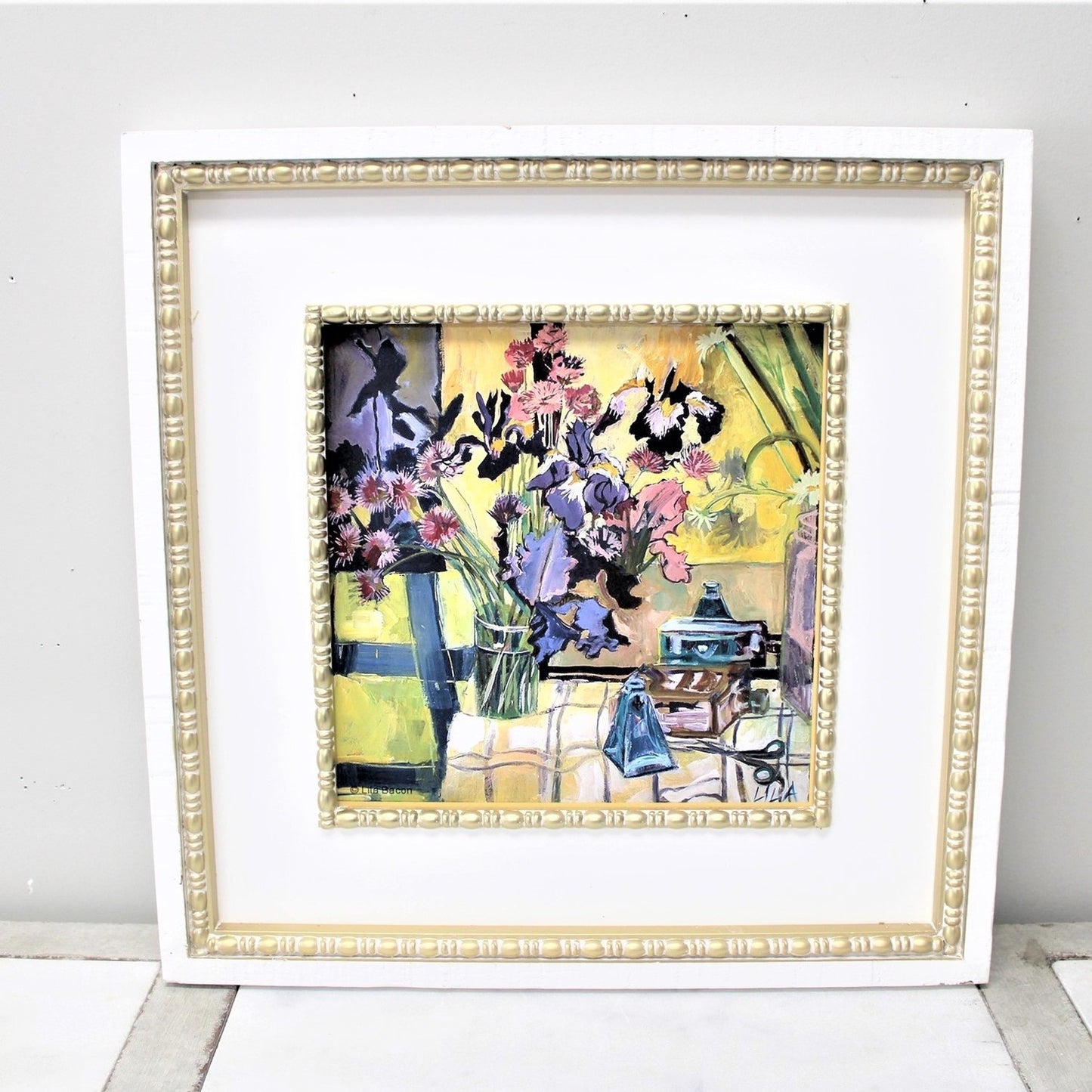 Double Wood Framed Irises in Glass Bottles