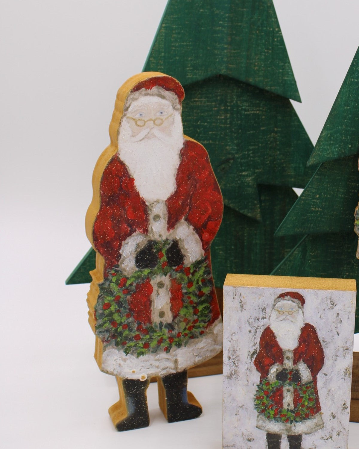Handpainted Cutout Glittered Santa Holding Wreath