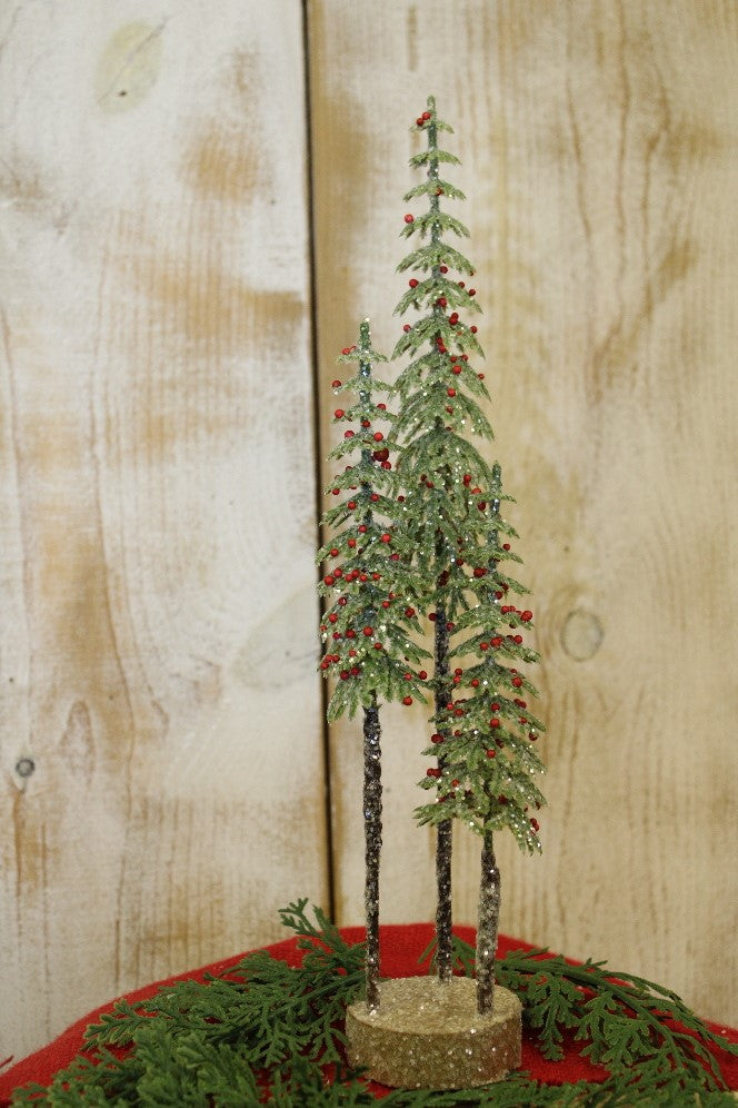 Slim Green Trees with Berries on Wood Base