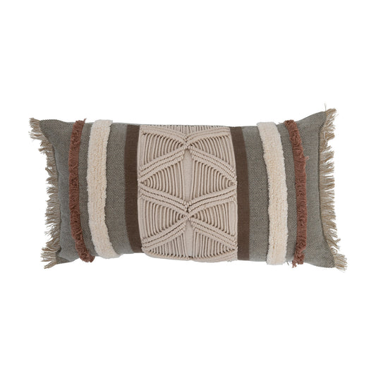 Macrame & Fringe Cotton Tufted Lumbar Pillow with Applique