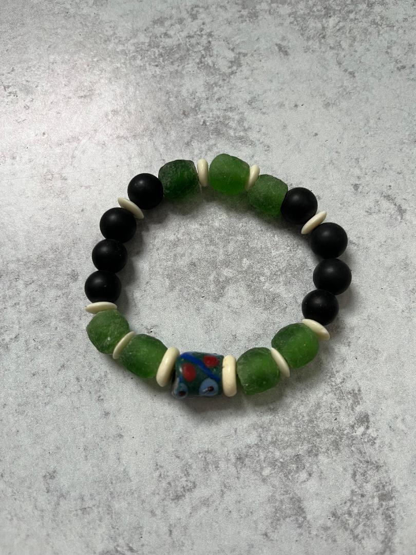 Black and Green Hand-Painted Bead Bracelet