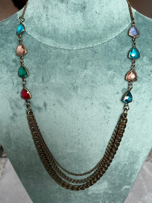 Jewel Tone Crystal & Brass Layered Necklace