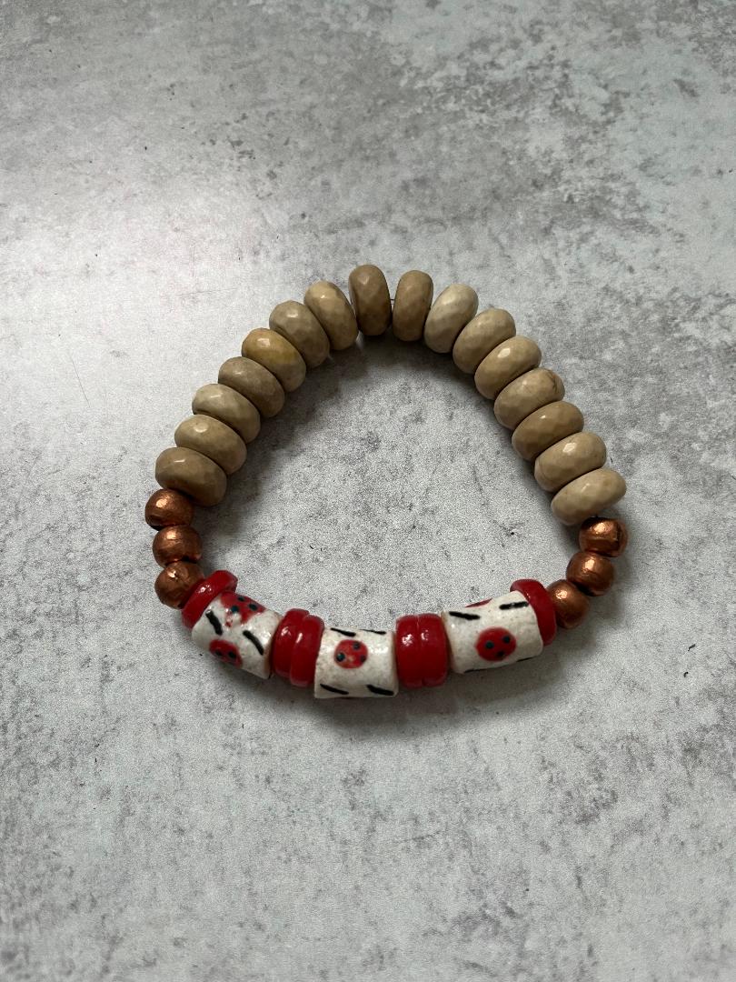 Hand-Painted Ladybug Stone Bracelet