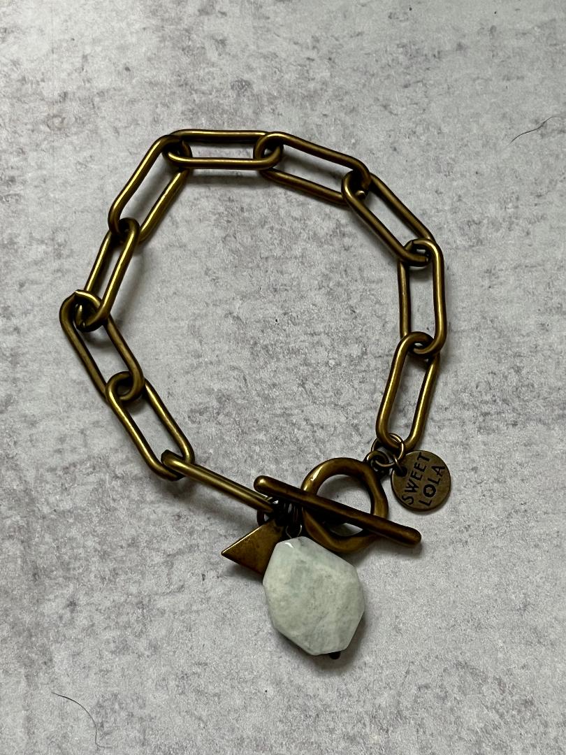Antiqued Gold Link Chain Bracelet with Stone Charm