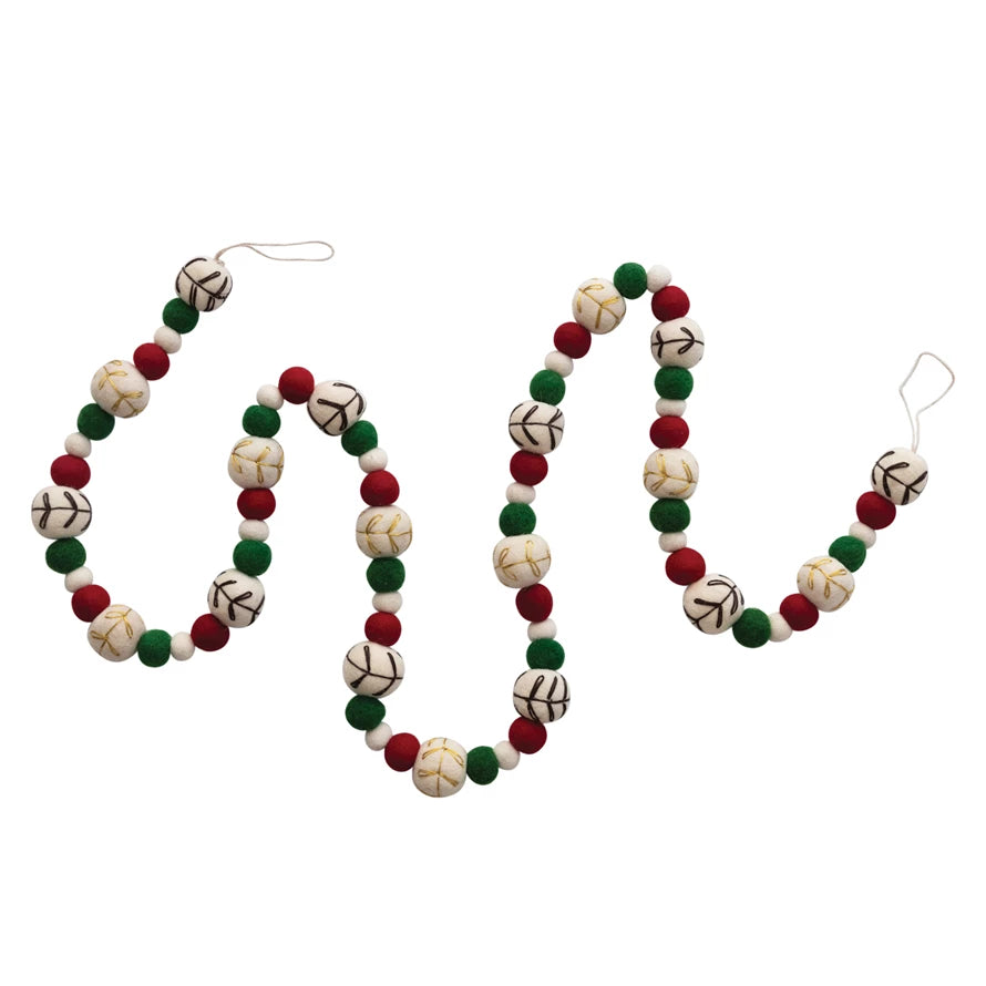 Cream, Red, & Green Wool Felt Ball Garland