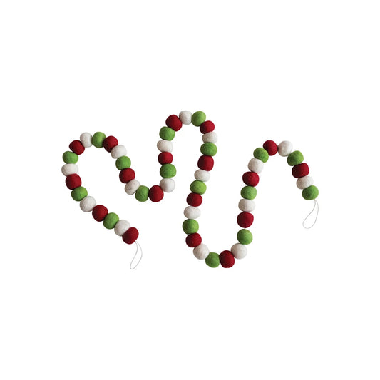 Red, Green & Cream Handmade Wool Felt Ball Garland