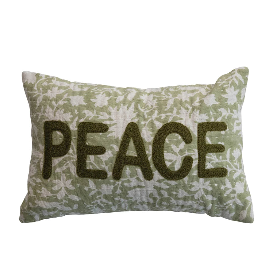 "PEACE" Green Embroidered Kantha Stitch & Chambray Pillow