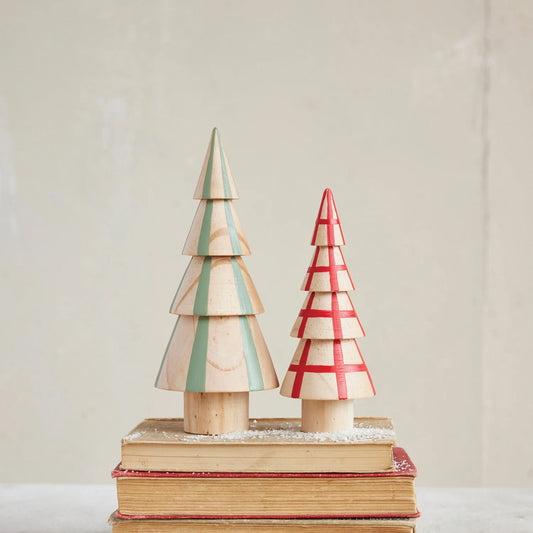 Hand-Painted Wood Tree with Stripes & Grid Pattern