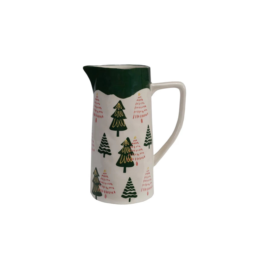 Hand-Painted Stoneware Pitcher with Trees