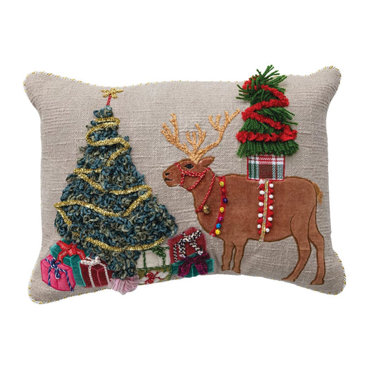 Embroidered Reindeer & Christmas Tree Pillow
