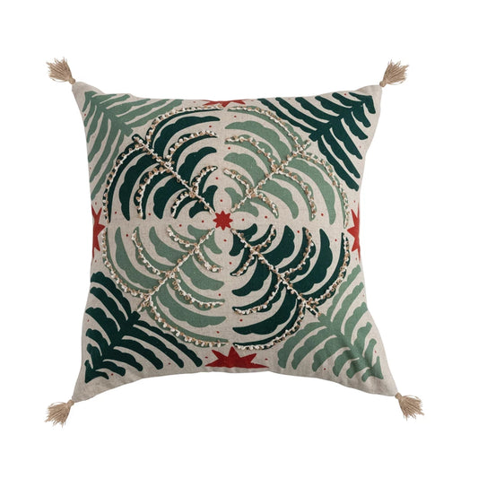 Square Linen Printed Pillow with Jute Tassels