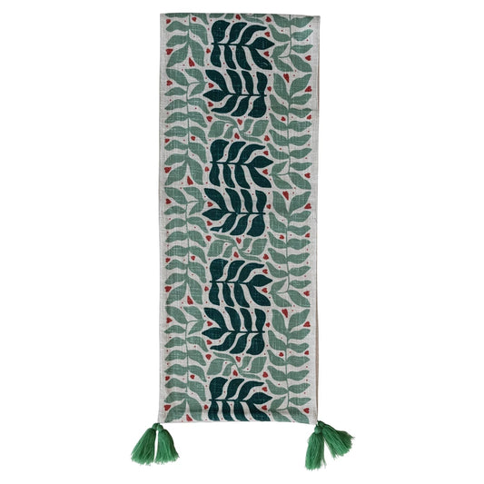 Table Runner with Seasonal Botanical Pattern & Tassels