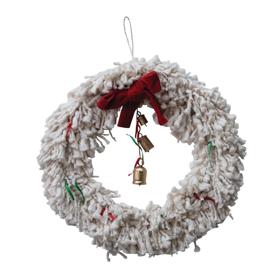 Handmade Cotton Blend Yarn Wreath with Red Bow, Ribbons & Metal Bells
