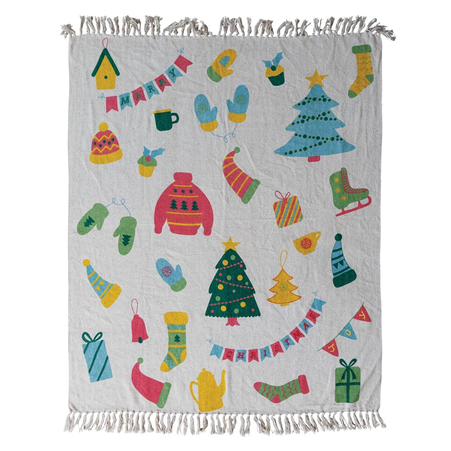 Holiday Icon Pattern, Embroidery & Fringe Throw