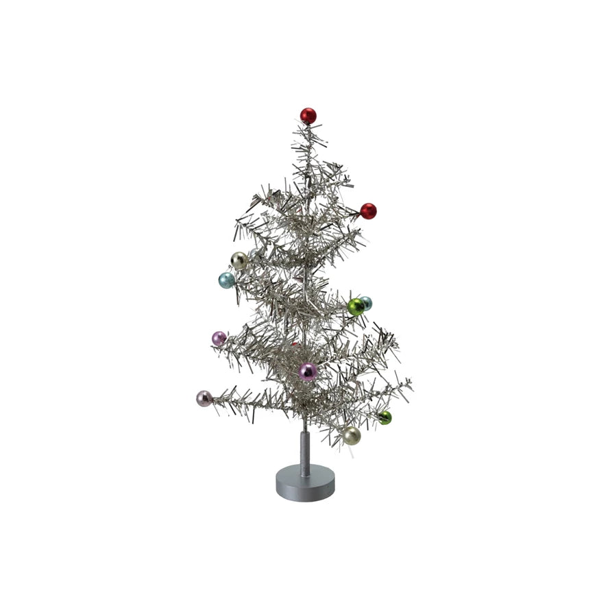Silver Tinsel Trees with Multicolor Ornaments