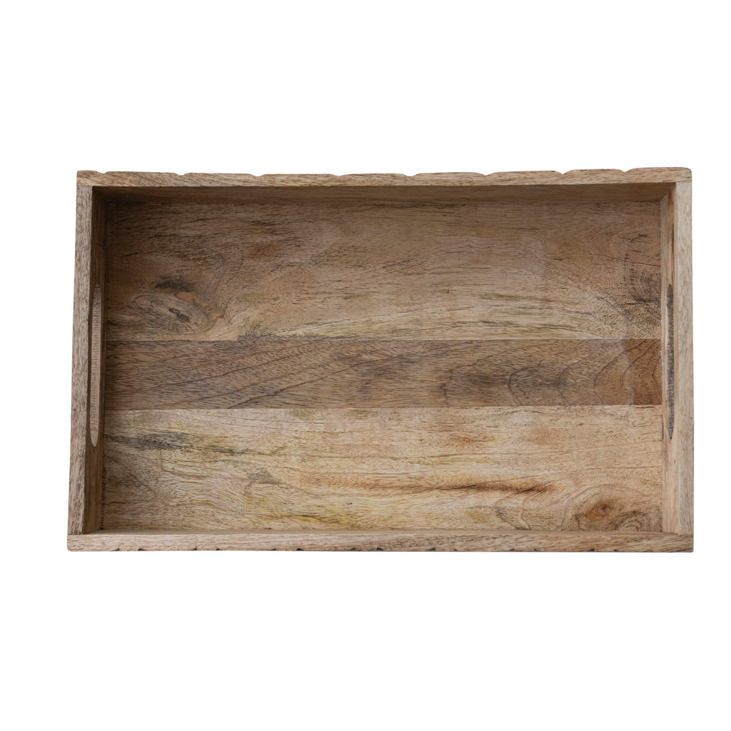 Carved Mango Wood Basket Weave Tray with Handles
