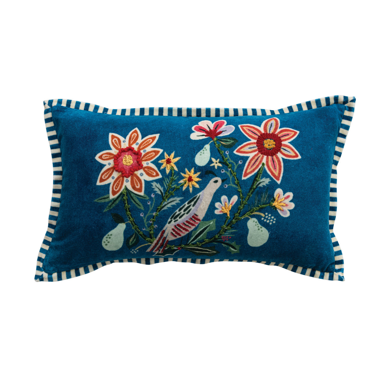 Cotton Velvet Printed Lumbar Pillow with Embroidered Botanicals