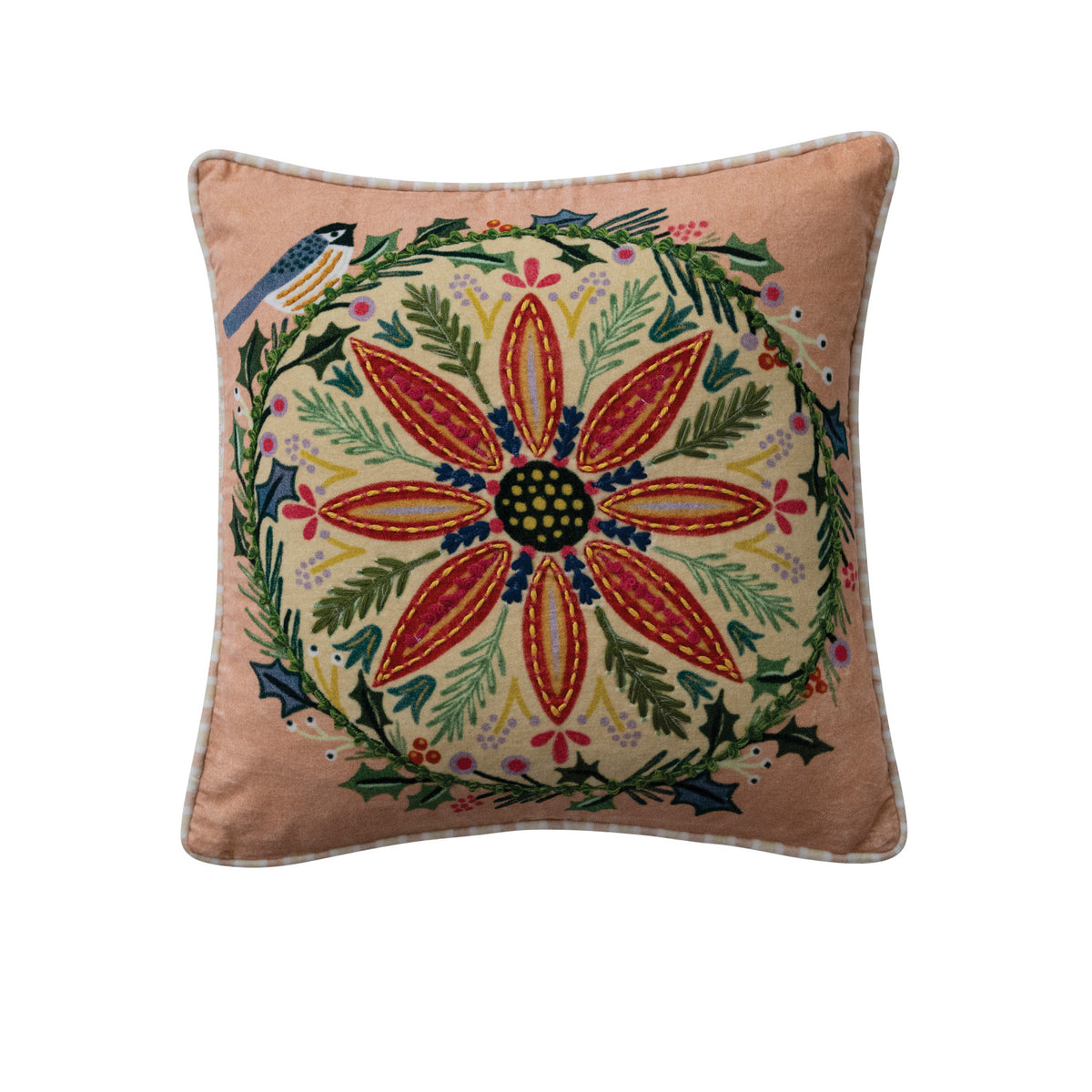Botanical Velvet Cotton with Striped Piping Pillow