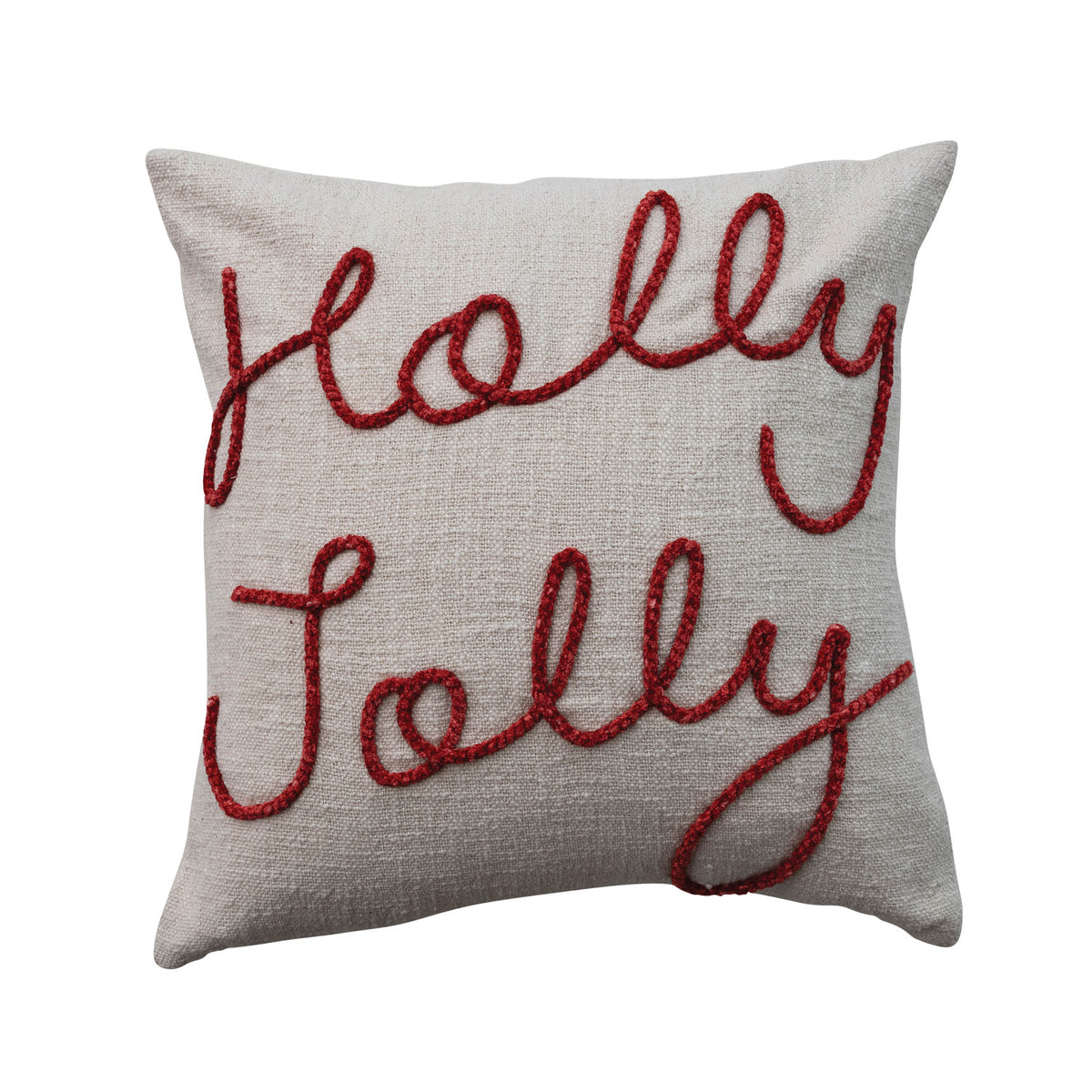 Embroidered Holly Jolly Square Cotton Pillow