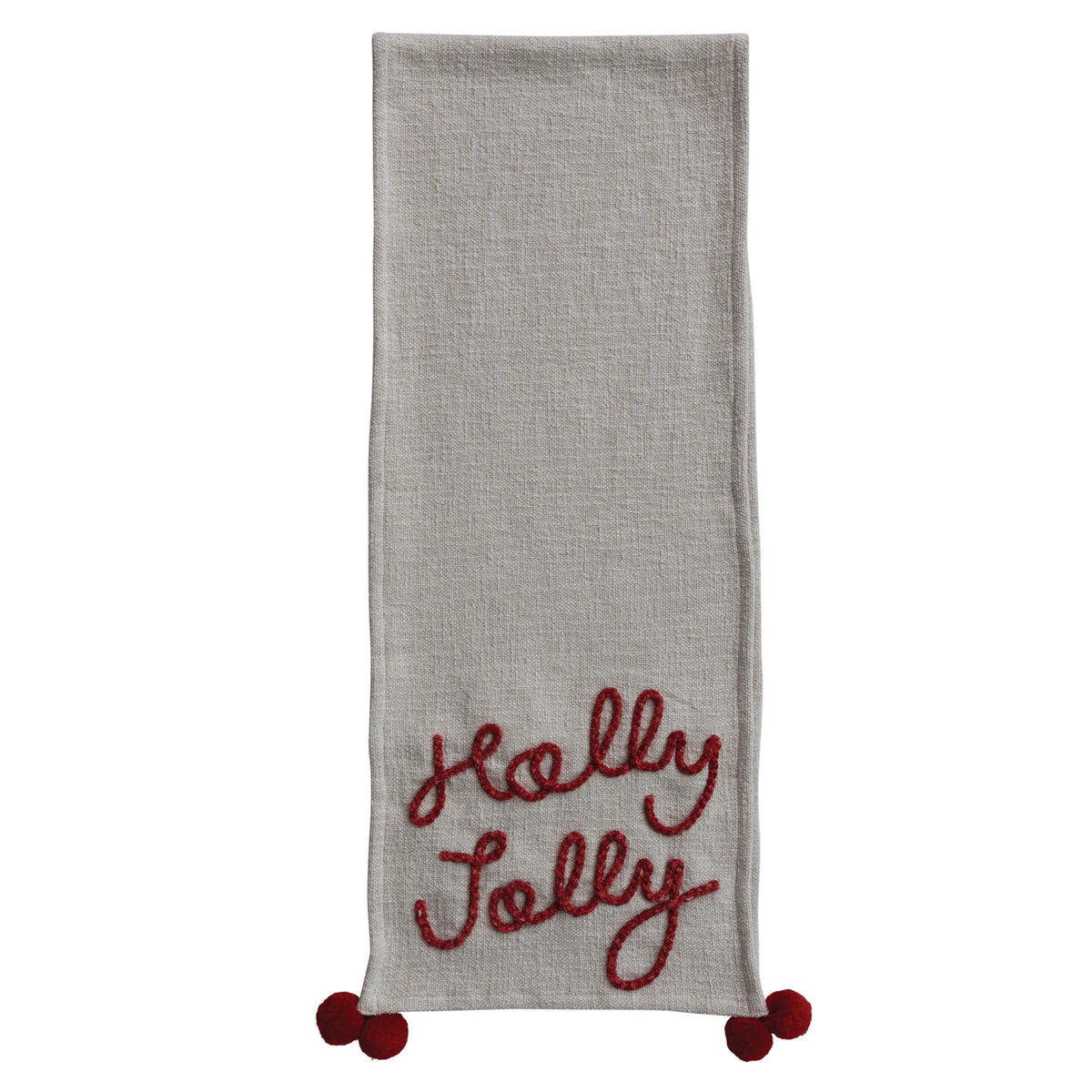 Cotton Slub Table Runner with Pom Poms & Embroidered "Holly Jolly"