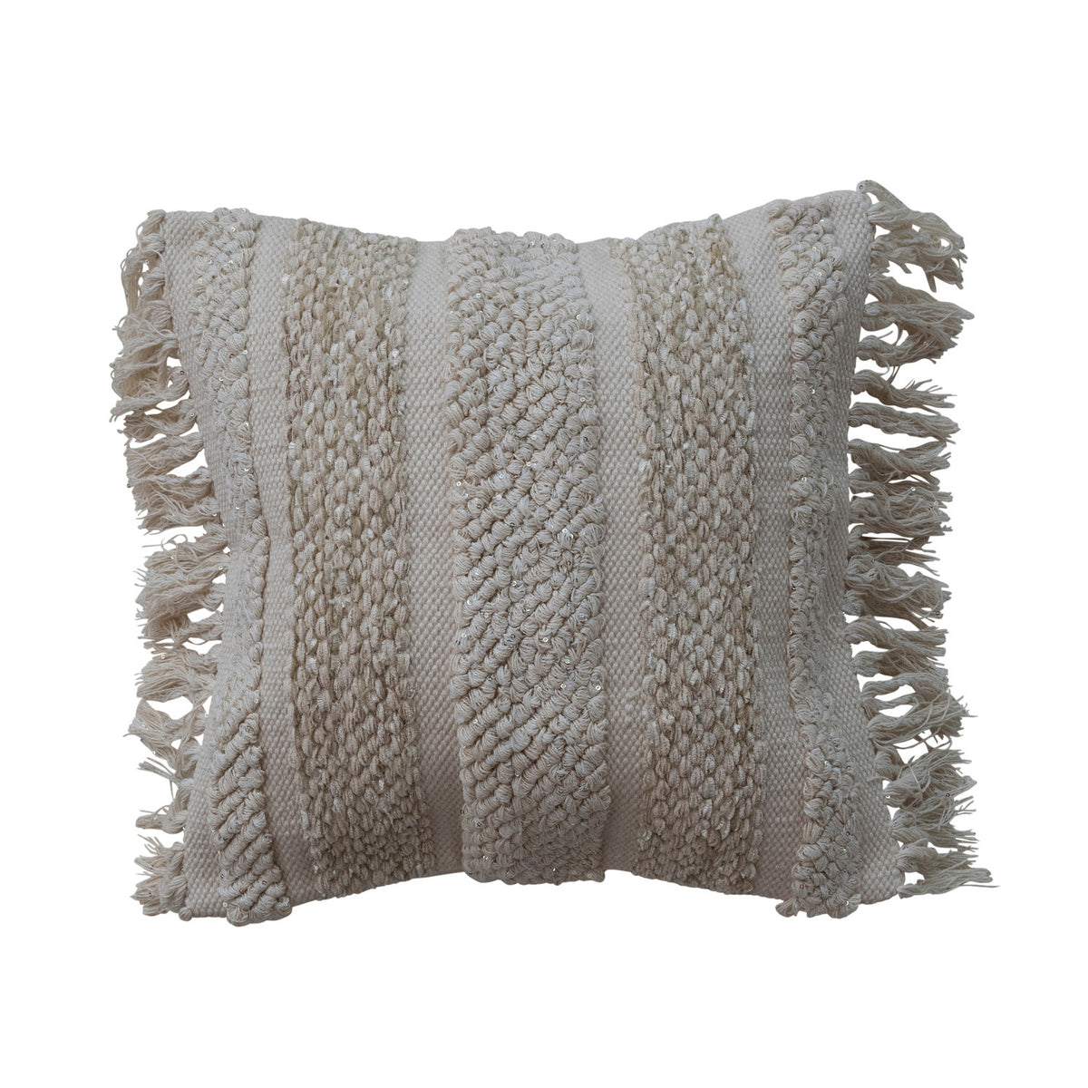 Metallic Gold Thread Embroidery & Fringe Cotton Pillow