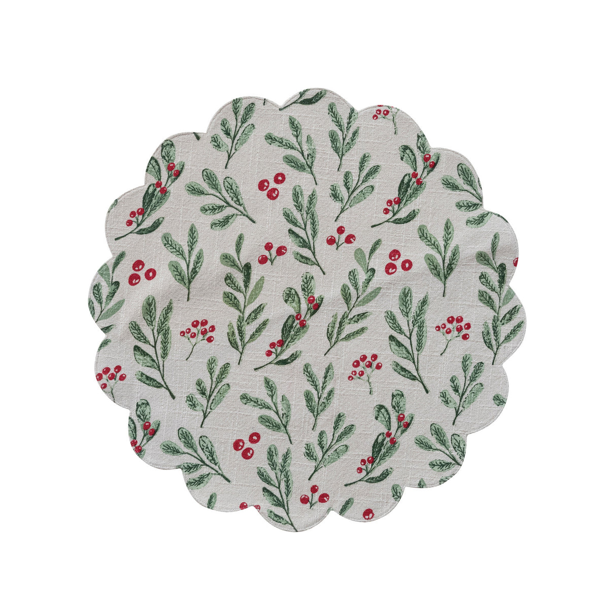 Woven Cotton Printed Scalloped Placemat with Mistletoe Pattern