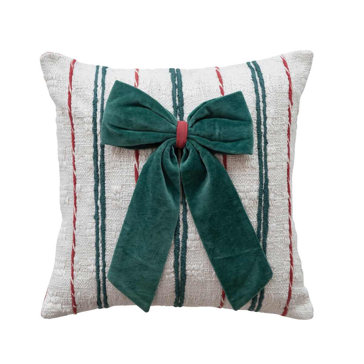 Square Cotton Slub Pillow with Embroidered Stripes & Velvet Bow