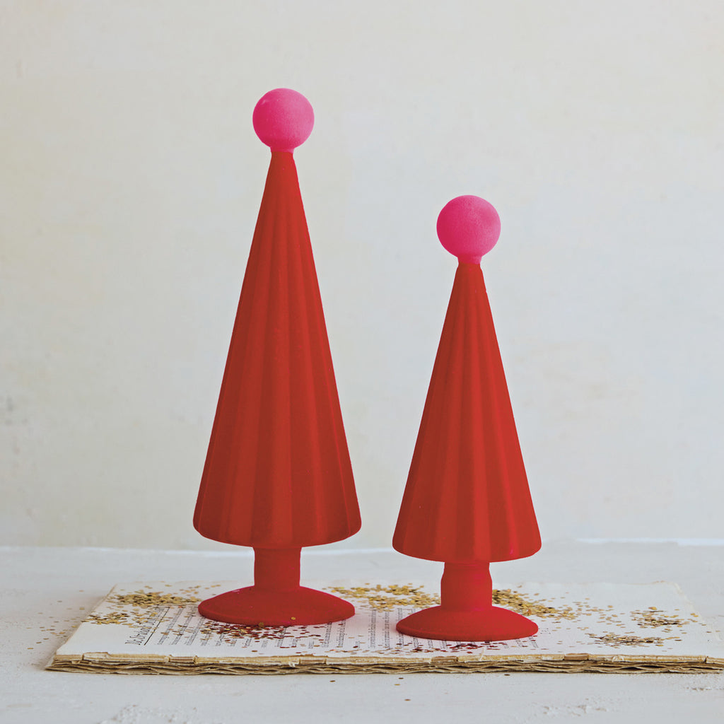Flocked Glass Tree with Ball, Red & Pink
