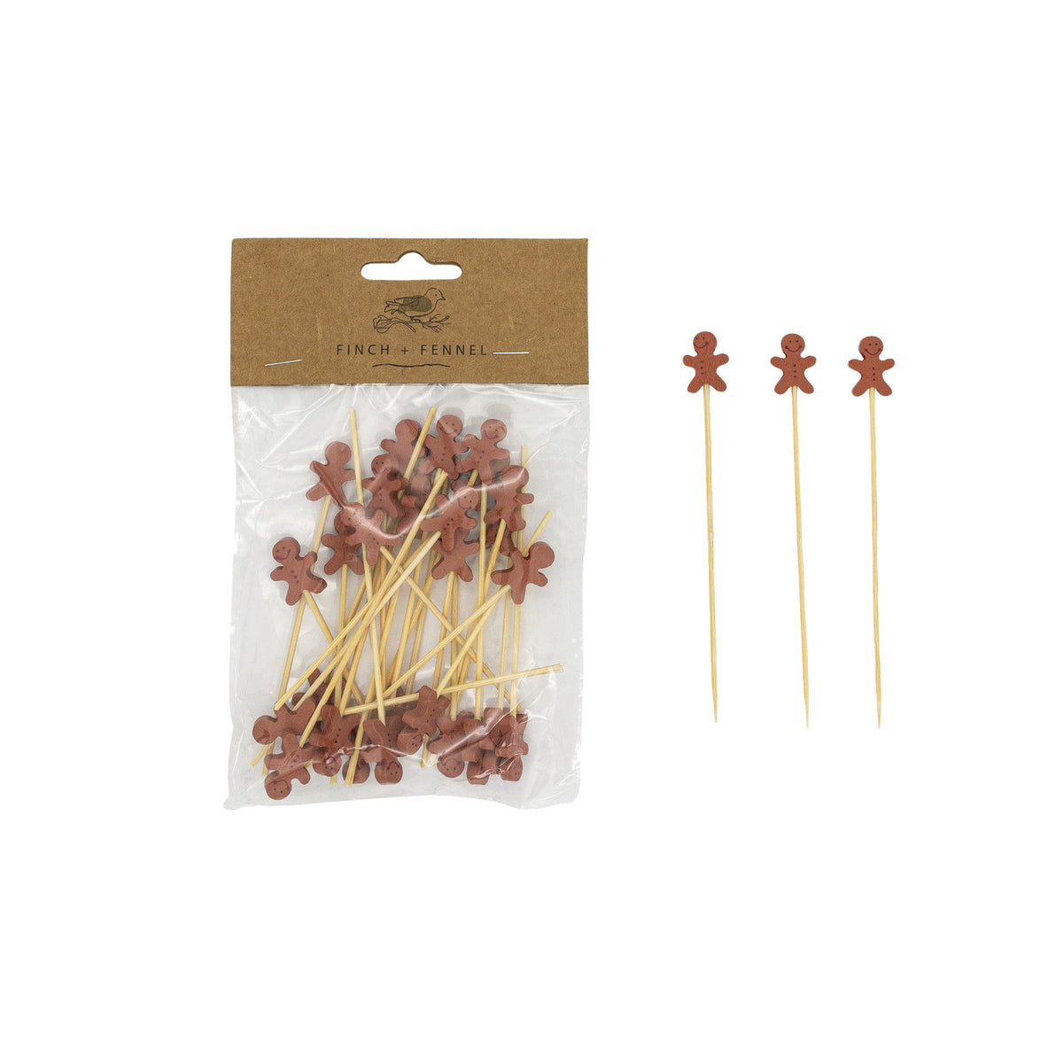 Bamboo Single Use Picks w/ Gingerbread Man Shaped Handles