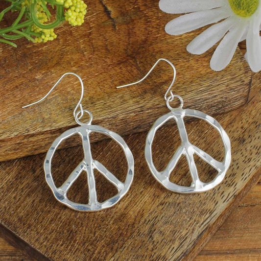 Woodstock Vibes Silver Peace Sign Earrings